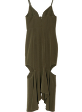 Load image into Gallery viewer, SHONA JOY CRUZ PLUNGE KHAKI MIDI DRESS SIZE 8
