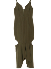 Load image into Gallery viewer, SHONA JOY CRUZ PLUNGE KHAKI MIDI DRESS SIZE 8
