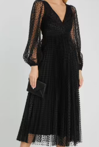 ZIMMERMANN LUCKY PLEATED FLOCKED TULLE MIDI DRESS BLACK SIZE 16 - POSE dress hire